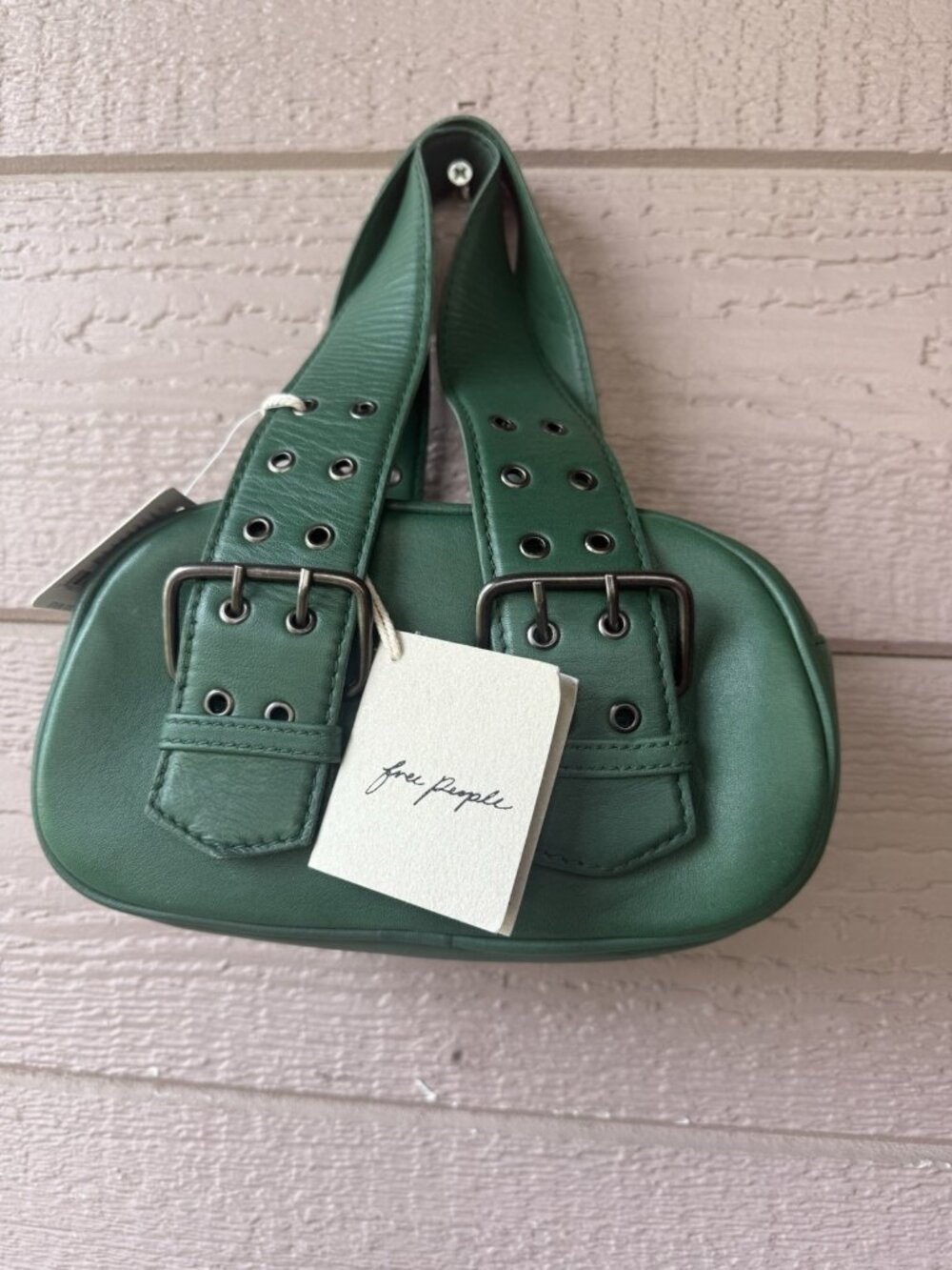 Free People Women’s Green Leather Mini Shoulder Bag Buckle Strap NWT - Picture 2 of 14